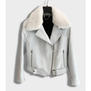 Damen echte Pythonleder Nerz Pelzkragen weiße exotische Bikerjacke Bild 2