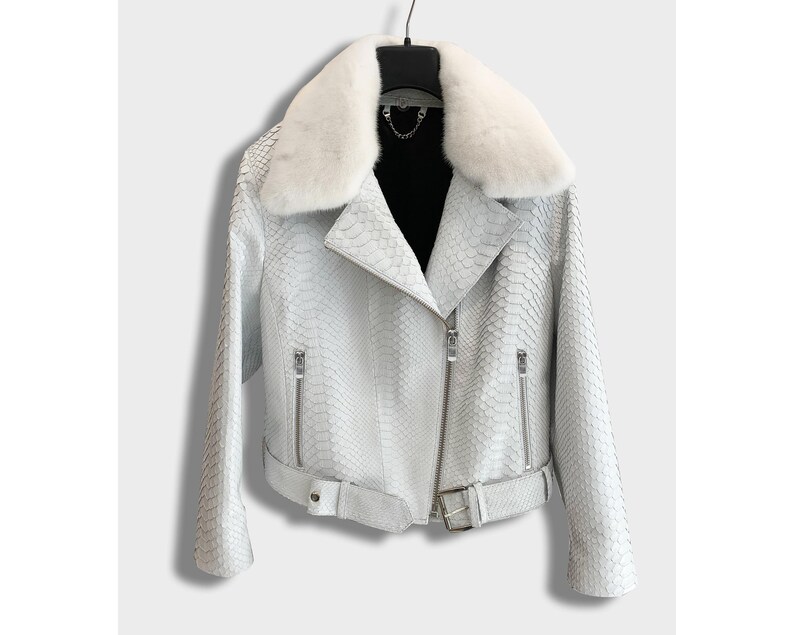 Damen echte Pythonleder Nerz Pelzkragen weiße exotische Bikerjacke Bild 2