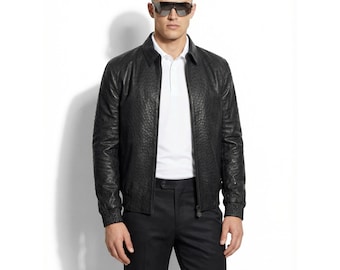 Echte schwarze Luxus handgefertigte Bomberjacke aus Straußenleder