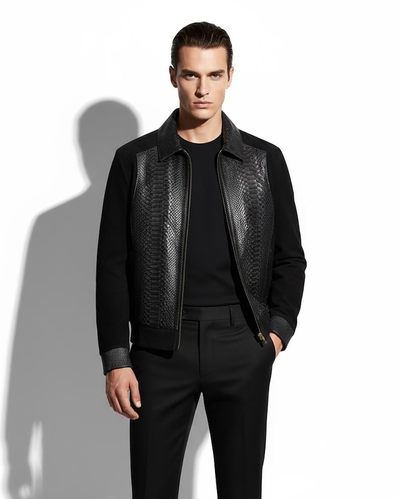 Men's handmade python leather suede jacket image 1