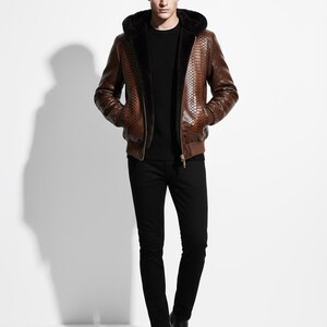 Echtes Pythonleder echtes Schaffellfutter Herren Luxus Braun Hoodie Jacke Bild 2