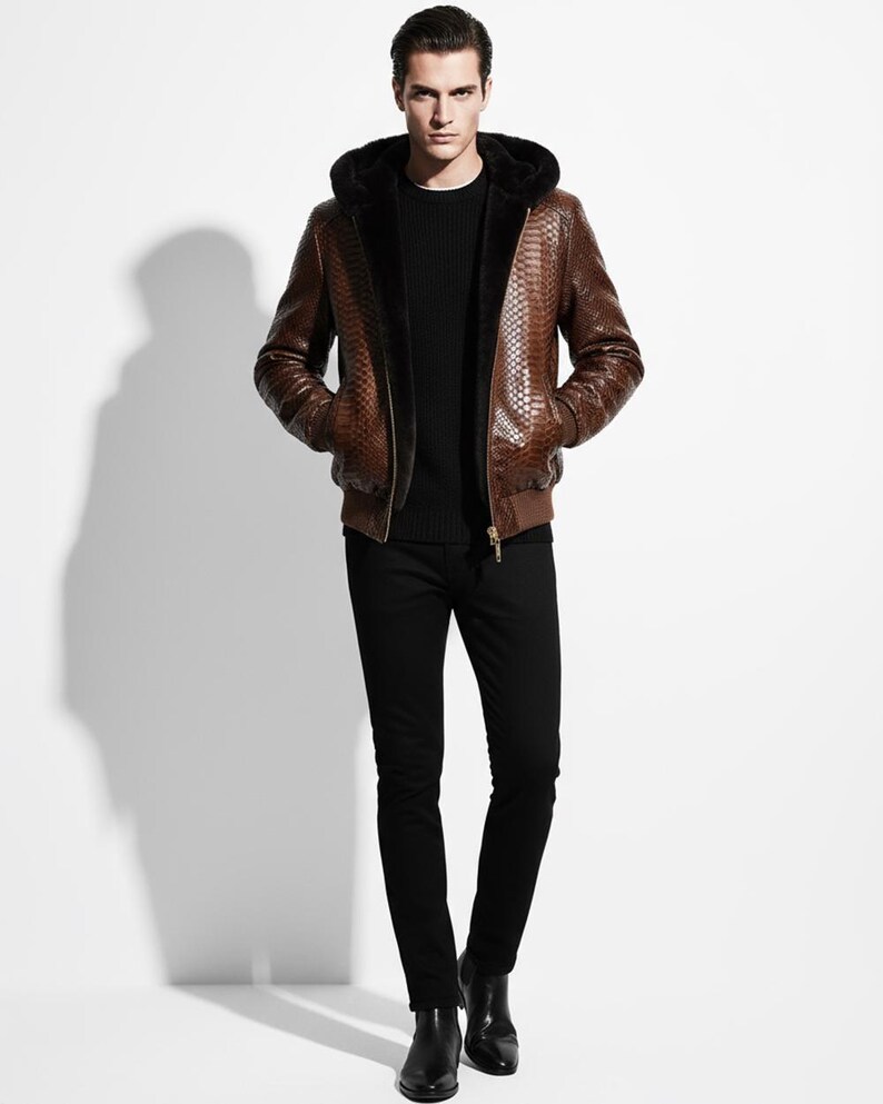 Echtes Pythonleder echtes Schaffellfutter Herren Luxus Braun Hoodie Jacke Bild 2