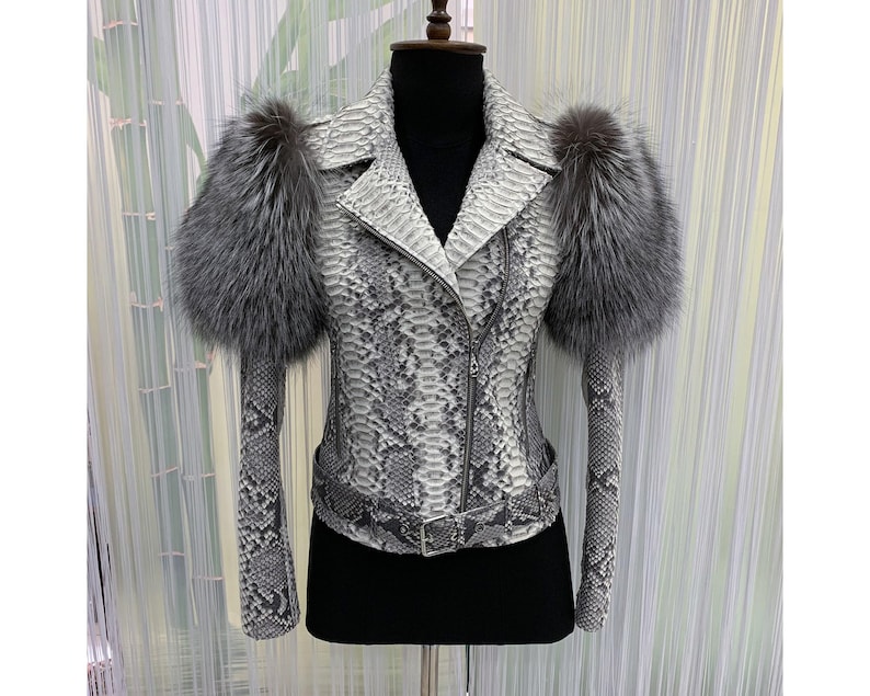 Damen echte Pythonleder Echtfuchs Pelzbesatz weiße exotische Bikerjacke Bild 2