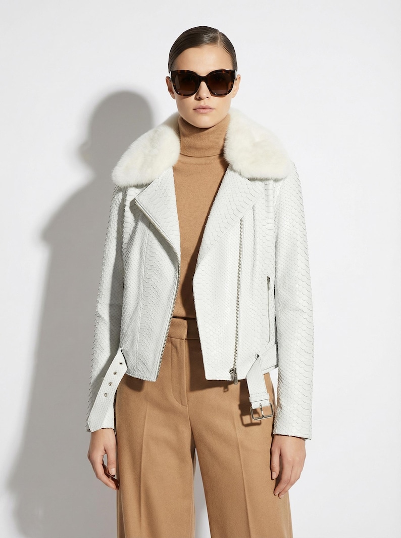 Damen echte Pythonleder Nerz Pelzkragen weiße exotische Bikerjacke Bild 1