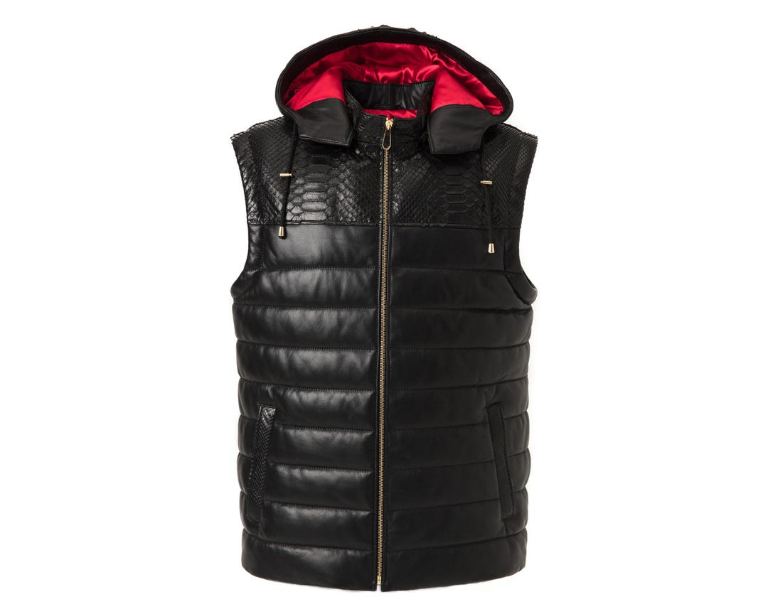 Men's Nappa Leather Hooded Vest: Python Trim, Quilted Waistcoat - Etsy