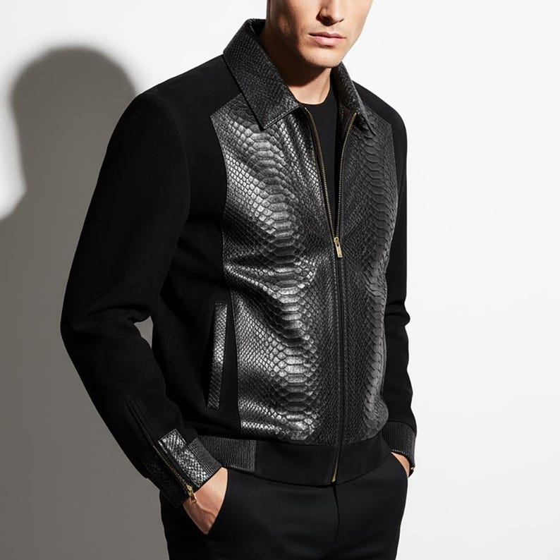 Men's handmade python leather suede jacket image 2