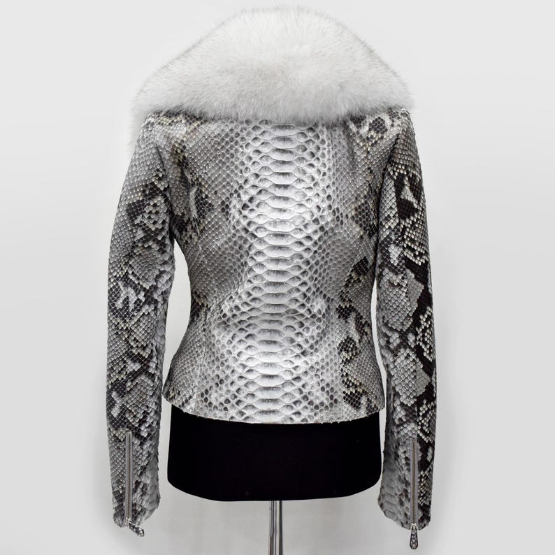 Women's genuine python leather real fox fur collar white exotic biker jacket image 4