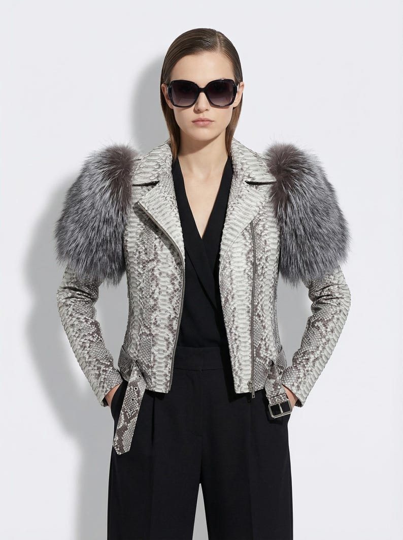 May include: A gray and white snakeskin-patterned leather jacket with a silver zipper and fur shoulder accents. The jacket has a belted waist and is paired with black pants. The model is wearing dark sunglasses.