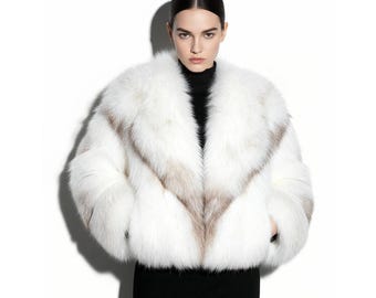 Manteau en fourrure de renard ambre blanc : veste faite main de luxe pour femme