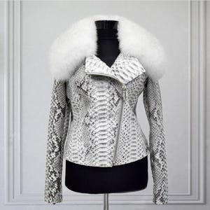 Women's genuine python leather real fox fur collar white exotic biker jacket image 2