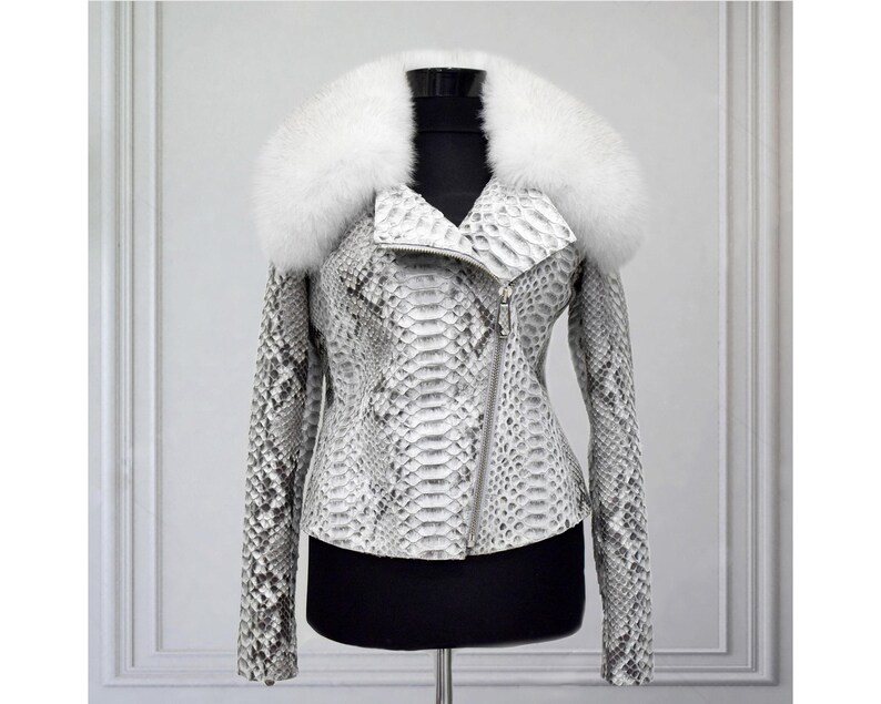 Women's genuine python leather real fox fur collar white exotic biker jacket image 2