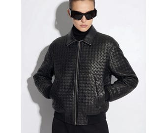 Intrecciato Lambskin Blouson Hand Woven Genuine Leather Women's Black Brown Burgundy Lambskin Bomber Jacket