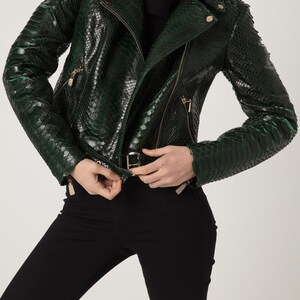 Women's genuine python leather green snake skin exotic moto jacket image 6