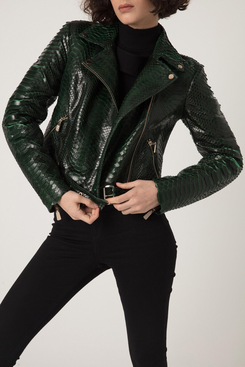 Women's genuine python leather green snake skin exotic moto jacket image 6