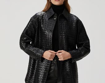 Intrecciato woven leather shirt: women's handmade lambskin oversized jacket