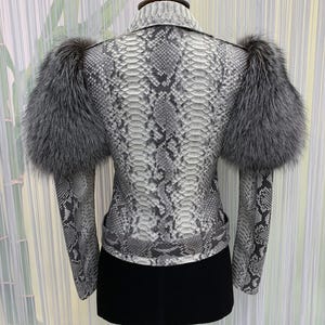 Damen echte Pythonleder Echtfuchs Pelzbesatz weiße exotische Bikerjacke Bild 5