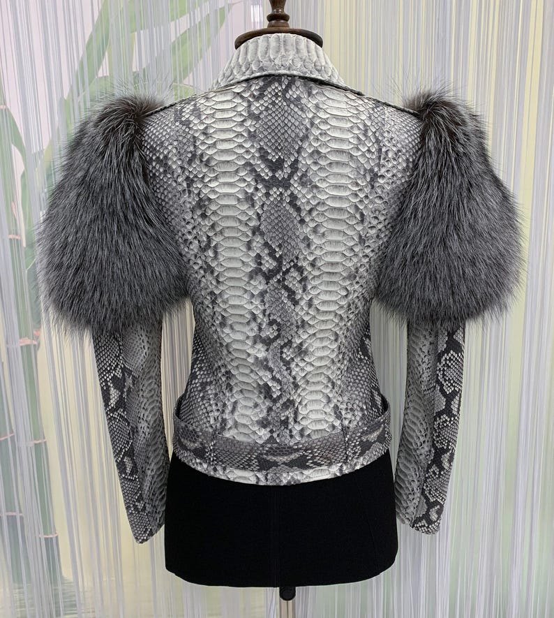 Damen echte Pythonleder Echtfuchs Pelzbesatz weiße exotische Bikerjacke Bild 5