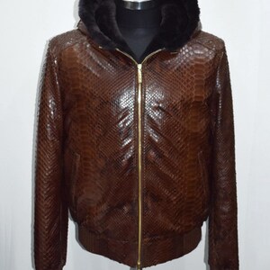 Echtes Pythonleder echtes Schaffellfutter Herren Luxus Braun Hoodie Jacke Bild 5