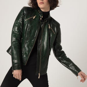 Women's genuine python leather green snake skin exotic moto jacket image 5