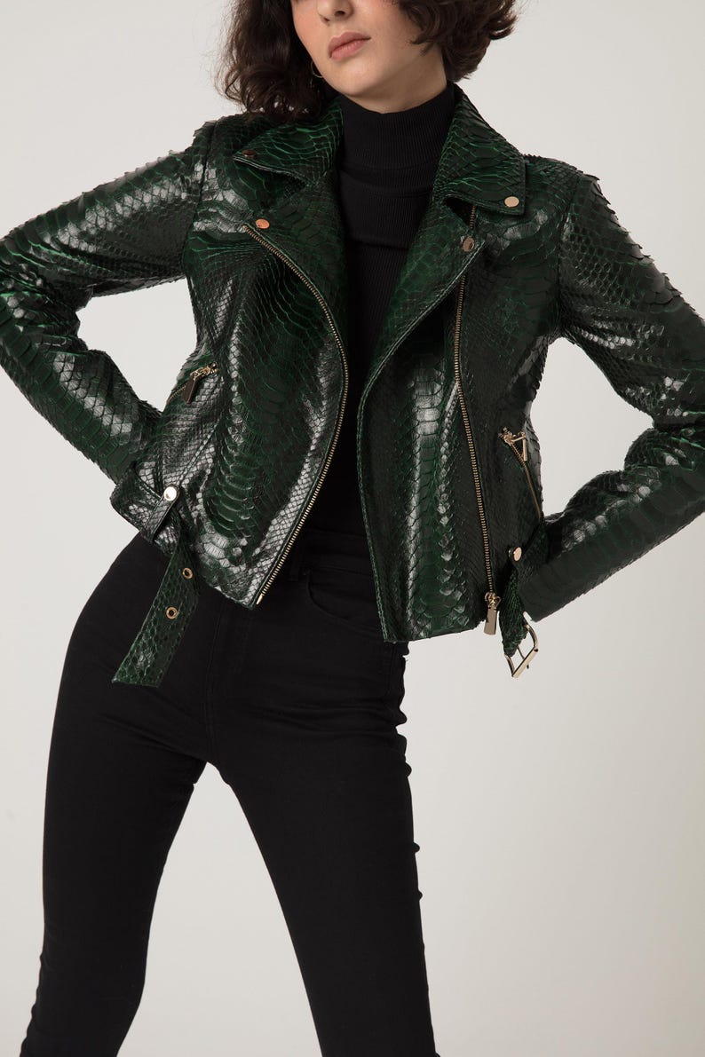 Women's genuine python leather green snake skin exotic moto jacket image 7
