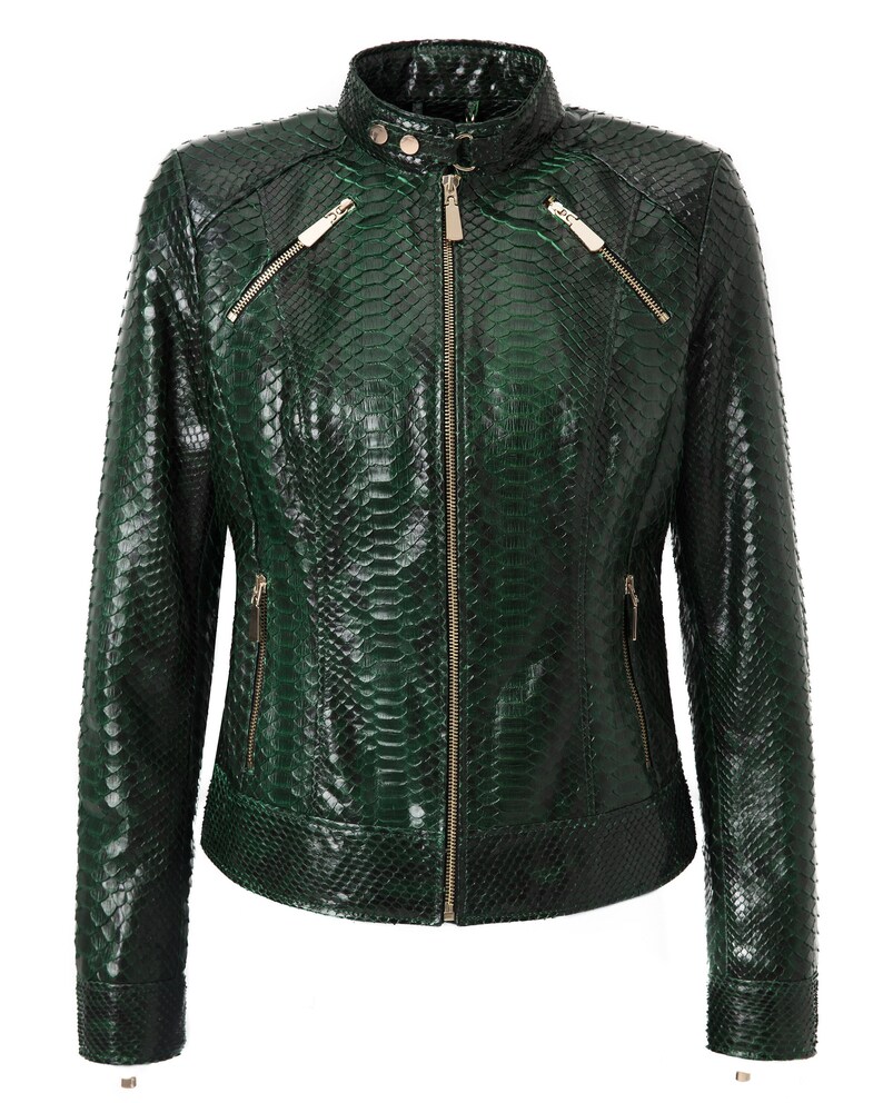 Women's genuine python leather green snake skin exotic moto jacket image 2