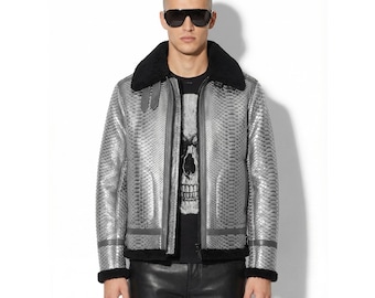 Blouson aviateur gris métallisé pour homme en peau de mouton retournée et en peau de mouton retournée