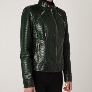 Women's genuine python leather green snake skin exotic moto jacket image 3
