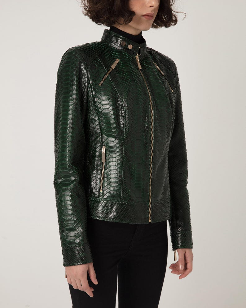 Women's genuine python leather green snake skin exotic moto jacket image 3