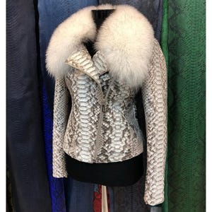 Women's genuine python leather real fox fur collar white exotic biker jacket image 6