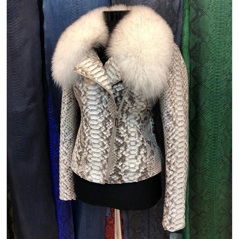 Women's genuine python leather real fox fur collar white exotic biker jacket image 6