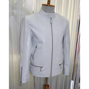 Pode incluir: Casaco de couro cinza claro com textura de pele de cobra. O casaco tem gola alta, zíper frontal e vários bolsos com zíper. O casaco é exibido em um manequim.