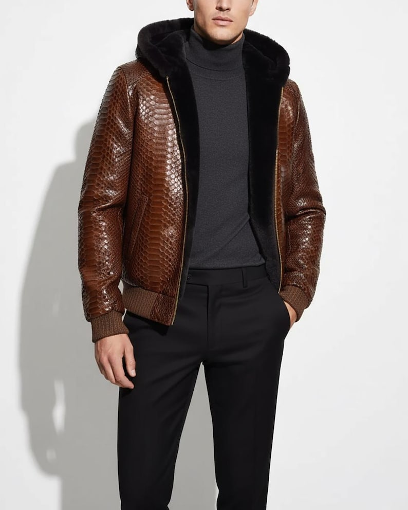 Echtes Pythonleder echtes Schaffellfutter Herren Luxus Braun Hoodie Jacke Bild 1