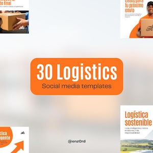 Puede incluir: Una imagen promocional con un rectángulo naranja que muestra "30 Logistics Social media templates". Alrededor del rectángulo hay imágenes de trabajadores de logística, almacenes y texto en español. La imagen promociona servicios de logística.