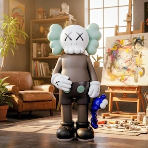 Puede incluir: Una figura grande y estilizada con una cabeza en forma de calavera, orejas verde menta y ojos tachados. La figura lleva un body marr&oacute;n, pantalones cortos negros y botas negras. Sostiene una escultura azul abstracta en una mano y tiene guantes blancos.