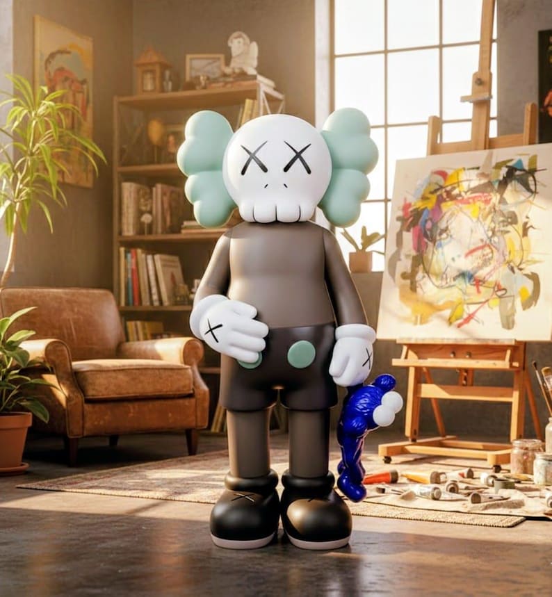 Puede incluir: Una figura grande y estilizada con una cabeza en forma de calavera, orejas verde menta y ojos tachados. La figura lleva un body marr&oacute;n, pantalones cortos negros y botas negras. Sostiene una escultura azul abstracta en una mano y tiene guantes blancos.