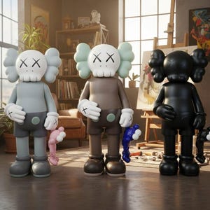 Könnte beinhalten: Drei KAWS Companion Figuren in Grau, Braun und Schwarz. Jede Figur hat einen schädelartigen Kopf mit durchgestrichenen Augen, weißen Handschuhen und Shorts. Die Figuren halten einen kleinen, abstrakten Begleiter. Der Hintergrund umfasst eine Staffelei und ein Bücherregal.