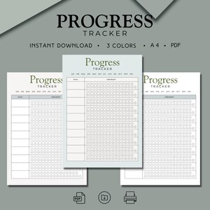 May include: A digital download featuring a progress tracker with the title "Progress Tracker". The design includes a checklist format with monthly columns and goal sections. The text "Instant Download", "3 Colors", "A4", and "PDF" are also visible.