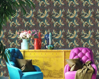 Pachamama Berry Wallpaper, Wall Decor, Dark Decor, Luxury Wallpaper, Home Decor, House Renovation, Floral Design, Bird Design