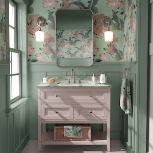 Blossom Mint, Wall Decor, Dark Decor, Luxury Wallpaper, Home Decor, House Renovation, Floral Design, Bird Design image 1