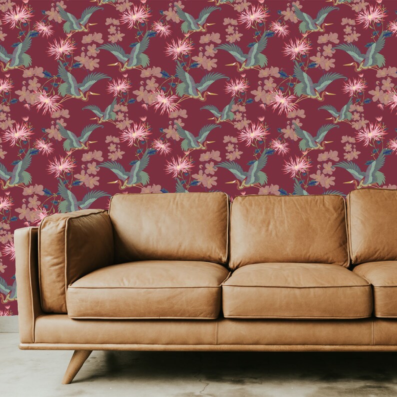 Blossom Rouge, Wall Decor, Dark Decor, Luxury Wallpaper, Home Decor, House Renovation, Floral Design, Bird Design image 6