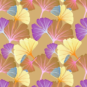 Könnte beinhalten: Ein nahtloses Muster mit stilisierten Ginkgoblättern in Gelb-, Orange-, Rosa-, Lila- und Blautönen auf braunem Hintergrund.