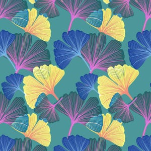 Könnte beinhalten: Ein sich wiederholendes Muster stilisierter Ginkgoblätter in Gelb-, Blau- und Rosatönen auf türkisblauem Hintergrund. Die Blätter haben ein lineares Design und schaffen eine moderne, botanische Ästhetik.