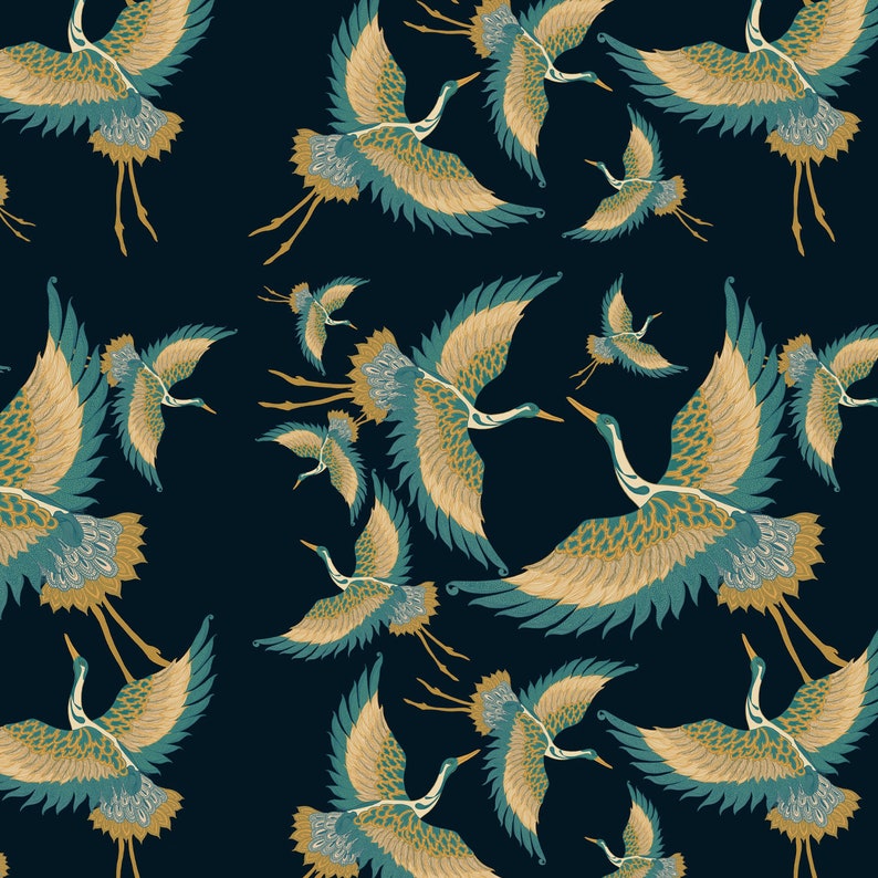 May include: A seamless pattern featuring stylized cranes in flight against a dark blue background. The cranes are depicted with intricate details, including feathers in shades of teal, gold, and white.