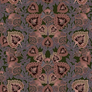 May include: A seamless pattern featuring intricate floral designs in shades of pink, brown, and green. The pattern is symmetrical and creates a sense of depth and texture.