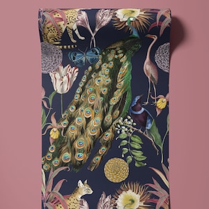 Les Plumes Indigo A3 Wallpaper Sample, Wall Decor, Dark Decor, Luxury Wallpaper, Home Decor, Floral Design, Bird Design, Tropical Design