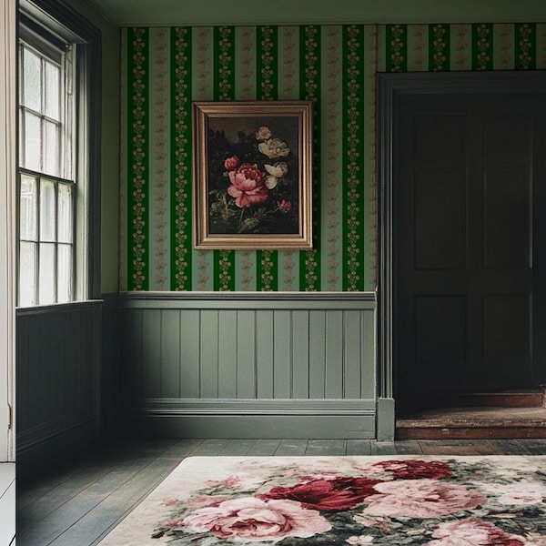 Chateau Stripe Green and Mint Wallpaper, Wall Decor, Luxury Wallpaper, Home Decor, Floral Design, Striped Wallpaper