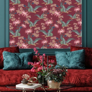 Blossom Rouge, Wall Decor, Dark Decor, Luxury Wallpaper, Home Decor, House Renovation, Floral Design, Bird Design image 3