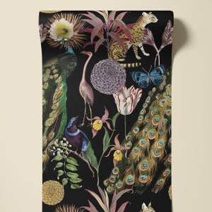 Les Plumes Noir A3 Tapetenmuster, Wanddekoration, Dunkles Dekor, Luxus Tapete, Wohnkultur, Blumenmuster, Vogel Design, Tropisches Design