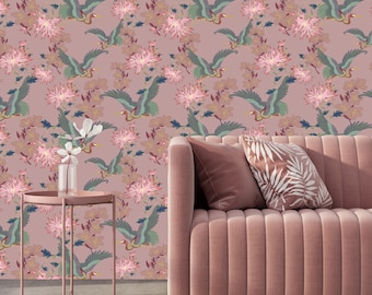 Blossom Rose, Wall Decor, Dark Decor, Luxury Wallpaper, Home Decor, House Renovation, Floral Design, Bird Design