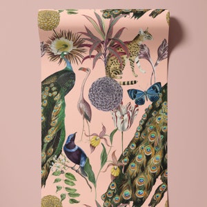 Esempio di carta da parati Les Plumes Flamingo A3, decorazione da parete, decorazione scura, carta da parati di lusso, arredamento per la casa, design floreale, design di uccelli, design tropicale